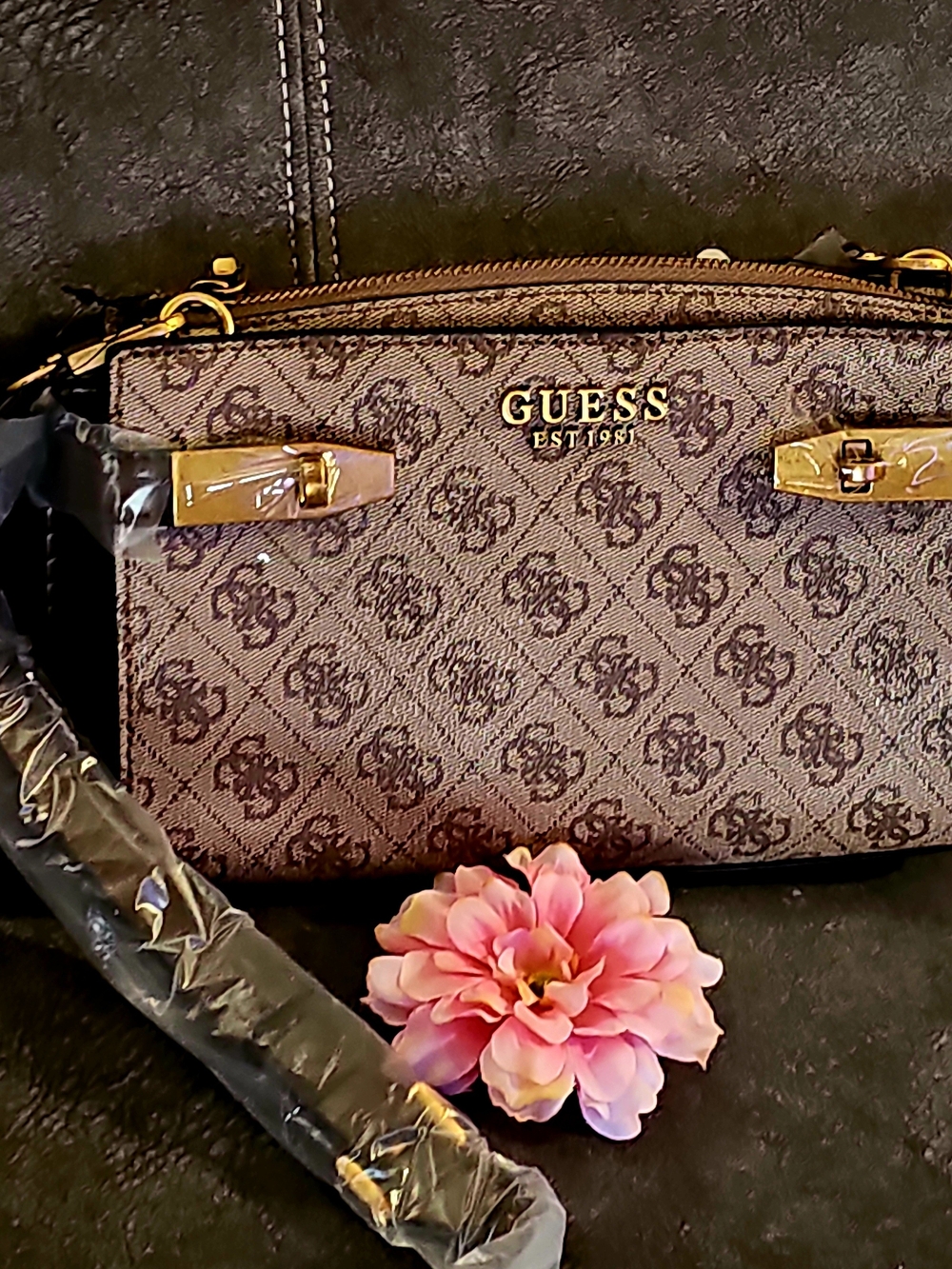 GUESS Brown Logo Monogram Crossbody with Gold Hardware